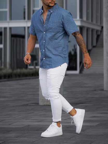 Versatile Men's Short Sleeve Faux Denim T-Shirt - Casual Comfort for Every Occasion