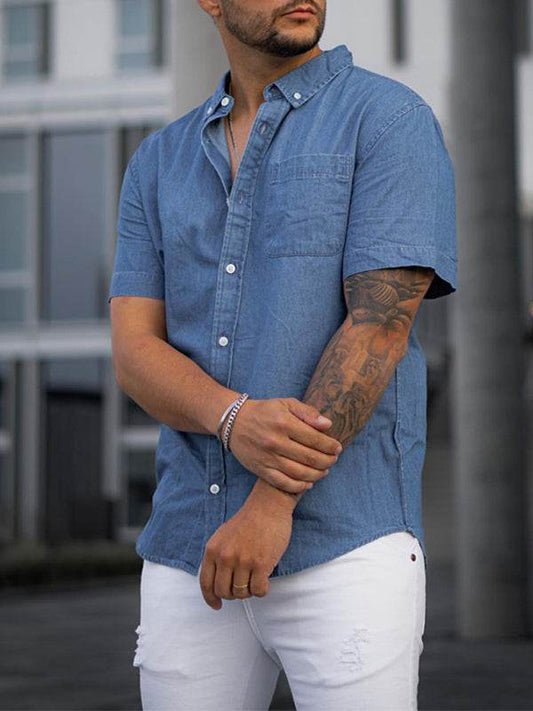 Men's solid color faux denim short sleeve shirt casual wear.