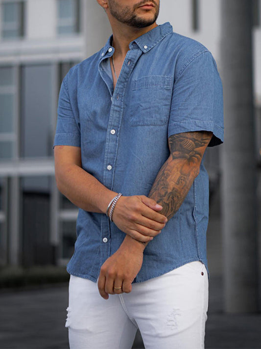 Men's Stylish Faux Denim Short Sleeve Shirt - Versatile Casual Comfort