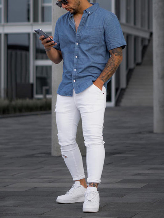 Men's Stylish Faux Denim Short Sleeve Shirt - Versatile Casual Comfort
