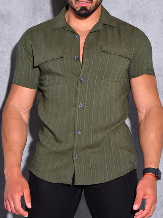 Men's short-sleeved green solid color shirt, button-up casual style.