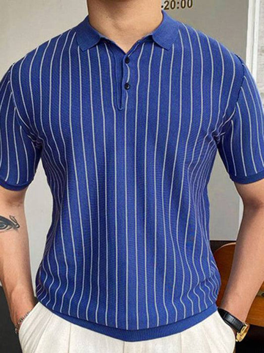 Chic Summer Striped Knit Polo Shirt - Short-Sleeved Business Casual Elegance