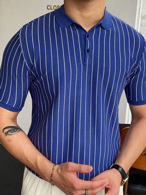 Chic Summer Striped Knit Polo Shirt - Short-Sleeved Business Casual Elegance