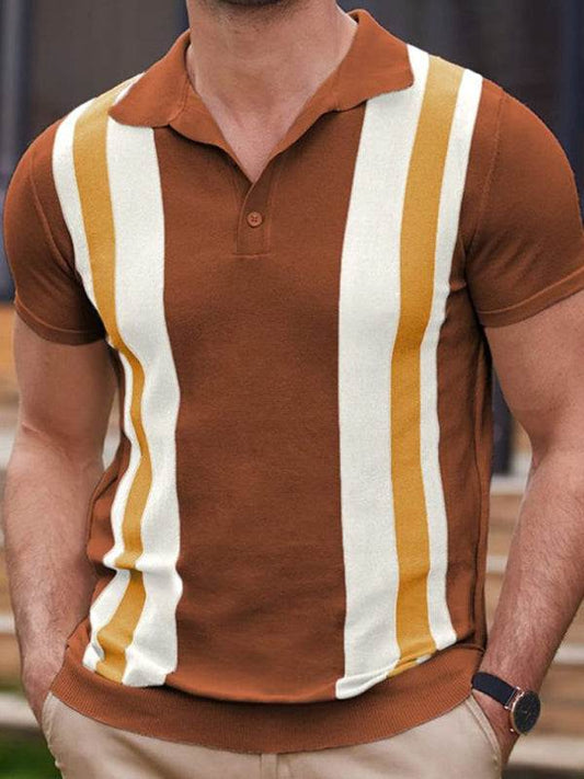 Striped jacquard sweater short-sleeved casual polo shirt for men in brown with white and yellow stripes.