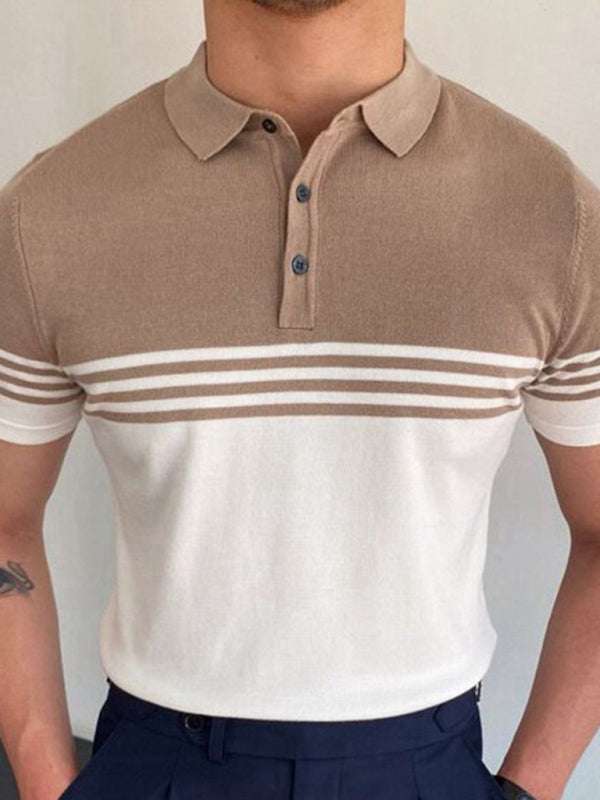 Knitwear short-sleeved color-blocking business polo shirt in brown and white with stripes.