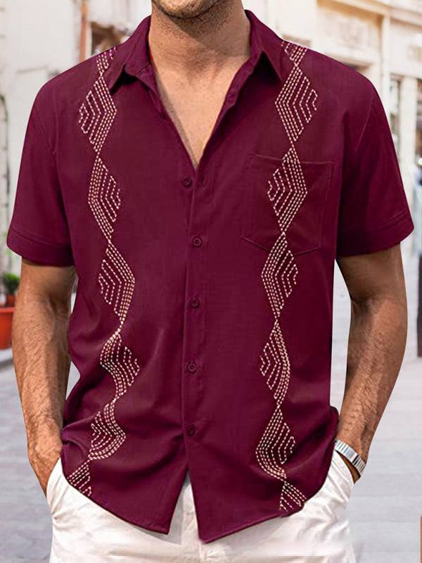 British thin short sleeve men's shirt with geometric pattern and lapel, perfect for spring-summer casual wear.