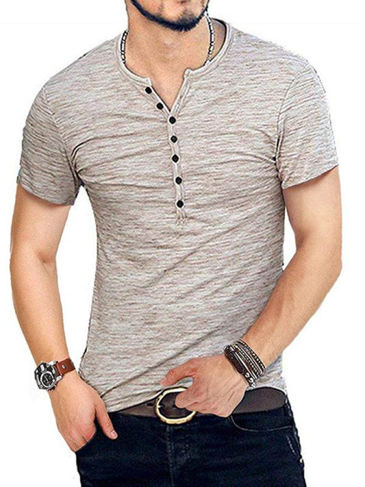 Men's henley collar slim fit short sleeve t-shirt in light beige, ideal for spring-summer casual wear.