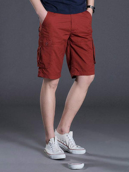 Men's thin workwear shorts, solid color, loose fit, multi-pocket, straight casual pants.