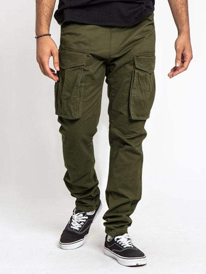 Men's solid color casual cargo pants with multi-pockets, polyester-cotton blend, spring-summer wear.