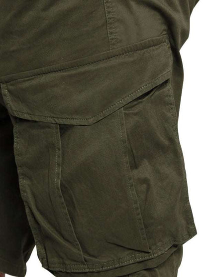 Men's solid color multi-pocket cargo shorts in green, showcasing roomy side pockets.