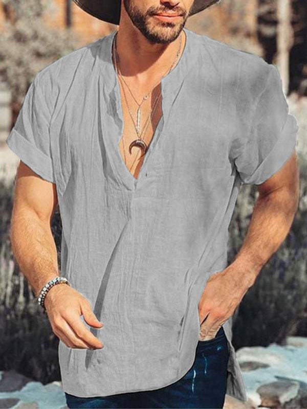 Breezy Summer Essential: Stylish Solid Color Round Neck Cotton Linen Shirt for Men