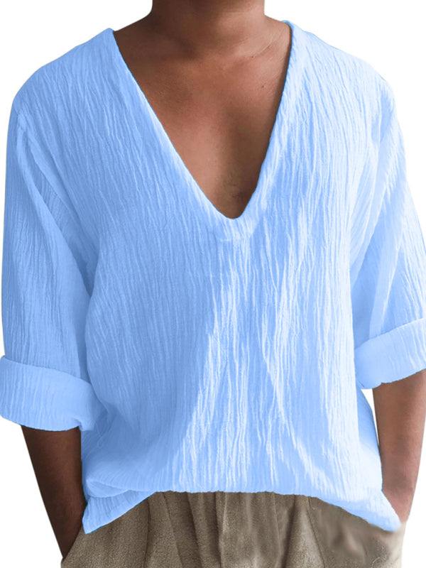 Elevated Comfort: Men's V-Neck Long Sleeve Washed Cotton T-Shirt in Versatile Solid Colors