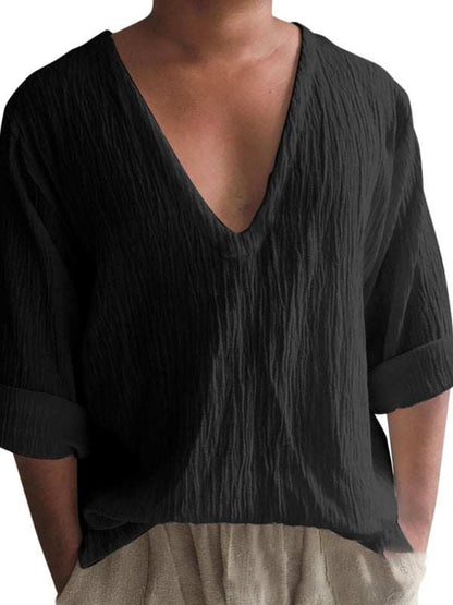 Elevated Comfort: Men's V-Neck Long Sleeve Washed Cotton T-Shirt in Versatile Solid Colors