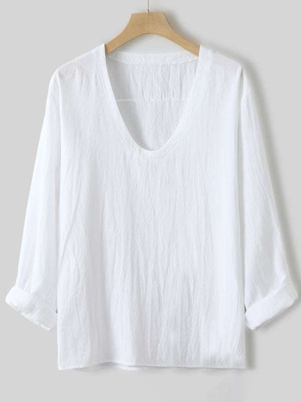 Men's white long sleeve V-neck solid color T-shirt made of water-washed cotton and linen.