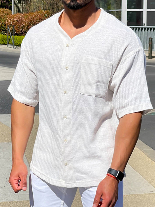 Solid Color Men's Short-Sleeved Cotton Shirt with Casual Cardigan