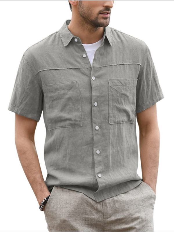 Casual Men's Cotton Linen Shirt with Wide Collar and Pocket
