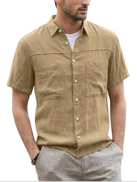 Men's casual button-down shirt, cotton-linen, short sleeve, wide collar.