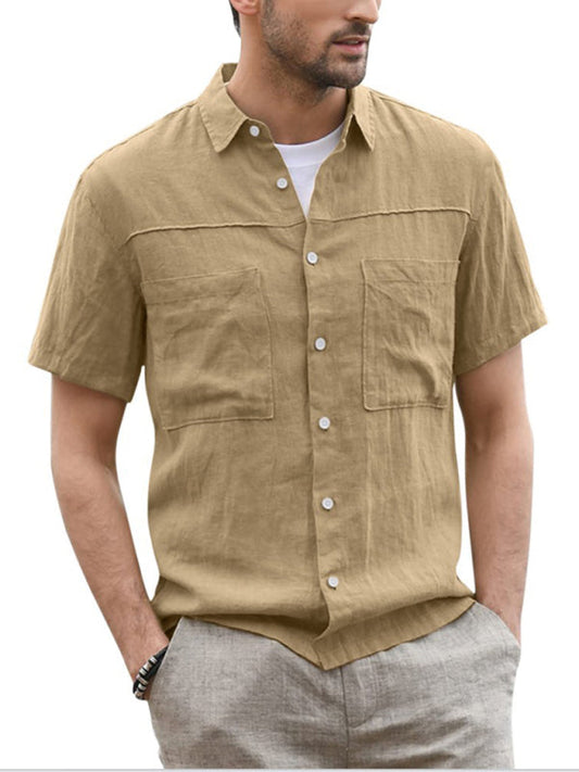 Casual Men's Cotton Linen Shirt with Wide Collar and Pocket