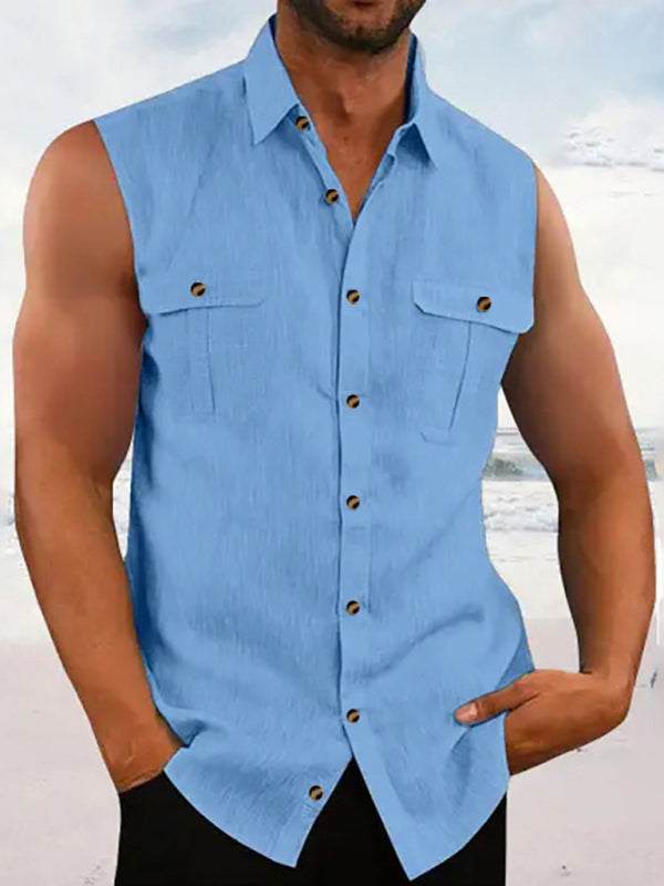 Men's sleeveless blue cotton linen shirt on the beach.