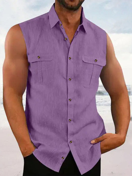 Chic Multi-Color Sleeveless Cotton Linen Shirt