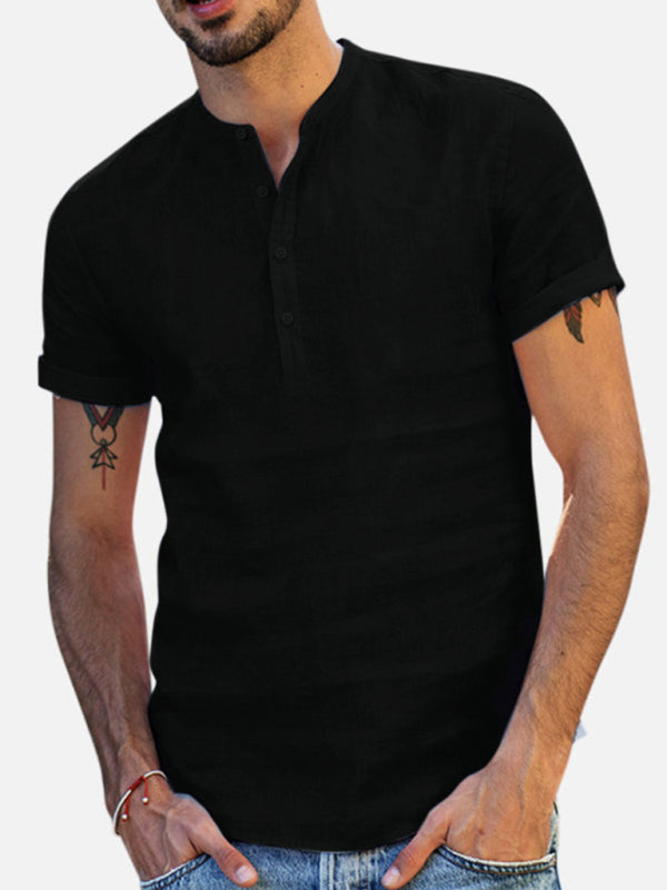Sophisticated Men's Cotton Linen V-Neck Shirt with Stand Collar
