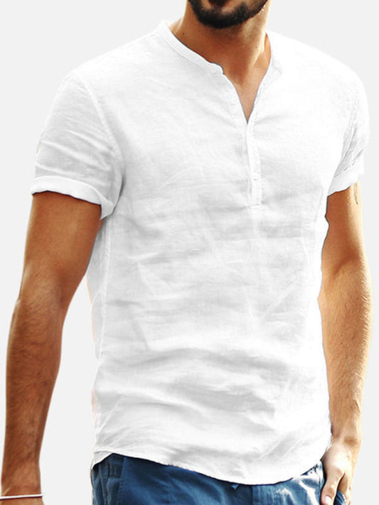 Sophisticated Men's Cotton Linen V-Neck Shirt with Stand Collar