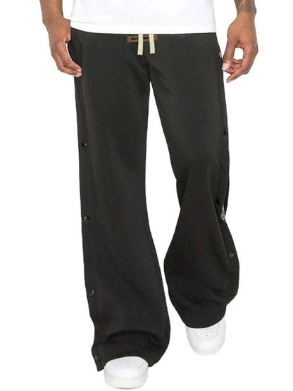 Men's wide-leg hip-hop casual trousers with button details, polyester blend, self-design, black color.