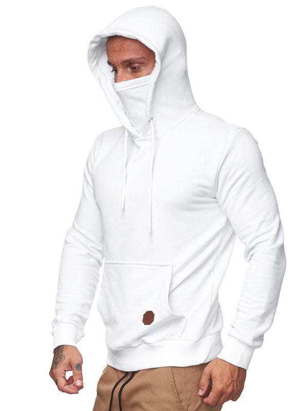 Men's white sweatshirts with hood and mask, long sleeves, casual fit for spring-summer.