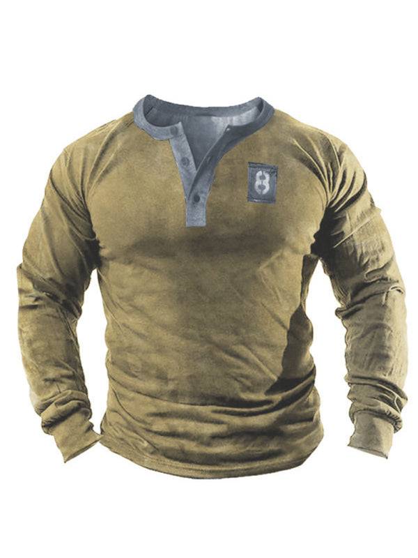 Men's 3D Printed Long-Sleeve Henley Top with Open Placket – Perfect Blend of Style and Comfort