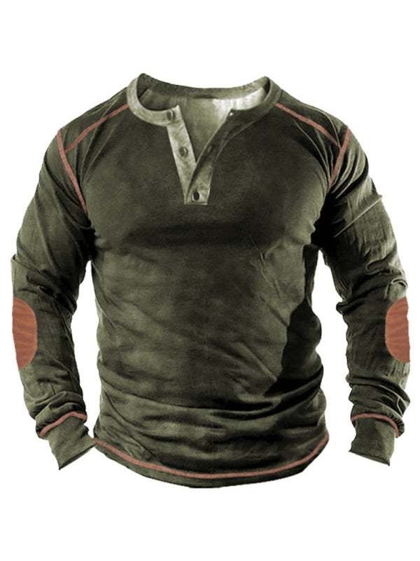 Men's 3D Printed Long-Sleeve Henley Top with Open Placket – Perfect Blend of Style and Comfort