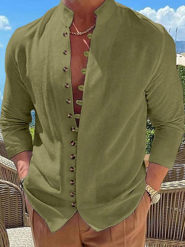 Men's retro button casual long sleeve shirt in solid color with a simple, leisure style suitable for spring-summer.