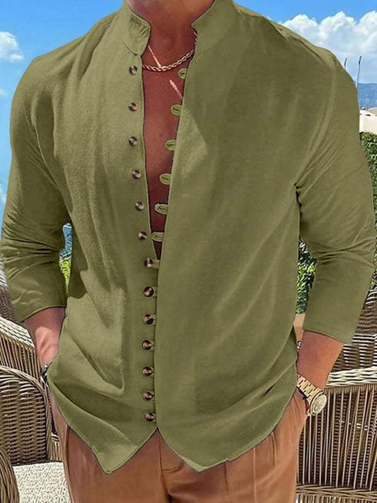 Men's retro button casual long sleeve shirt in solid color with a simple, leisure style suitable for spring-summer.