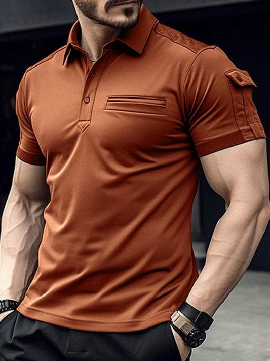 Men's muscle sports polo shirt in solid color with pocket, light business style, suitable for spring-summer.