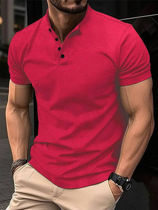 Men's Button Henley Collar Sports Polo Shirt, solid pattern, spring-summer style.