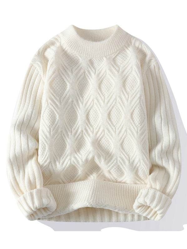 Men's loose casual round neck knitted sweater in cream color for autumn-winter wear.