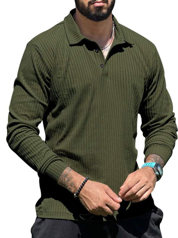 Men's lapel long sleeve slim fit sports polo shirt in green ribbed fabric.