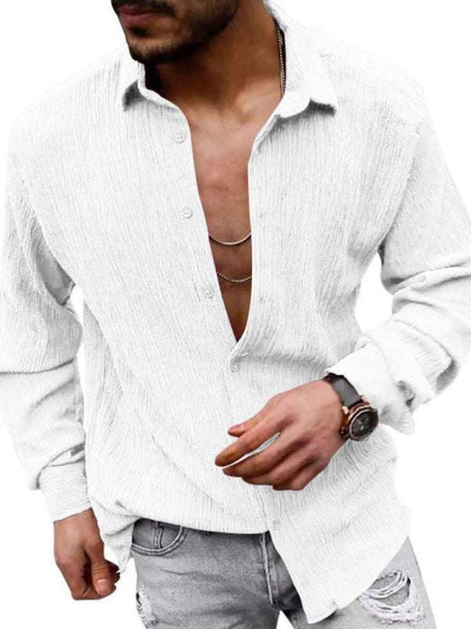 Men's solid color casual lapel long sleeve shirt, polyester-cotton blend, no elasticity, four-season wear.