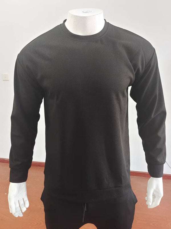 Versatile Men's Waffle Knit Long-Sleeve Sweater - Thin Round Neck for All Seasons