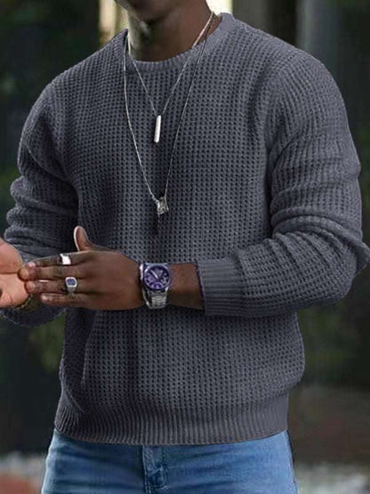 Versatile Men's Waffle Knit Long-Sleeve Sweater - Thin Round Neck for All Seasons