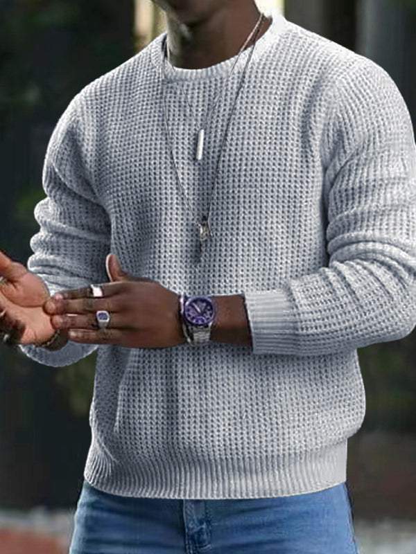 Men's solid color waffle knit round neck sweater, long-sleeved, casual style for all seasons.