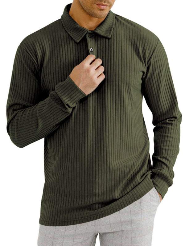 Men's long sleeve lapel polo shirt, ribbed knit, green color.