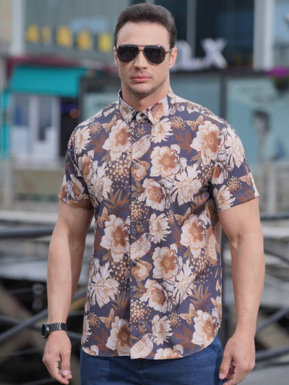 Vibrant Plus Size Men's Stretch Floral Short Sleeve Shirt for Effortless Summer Style