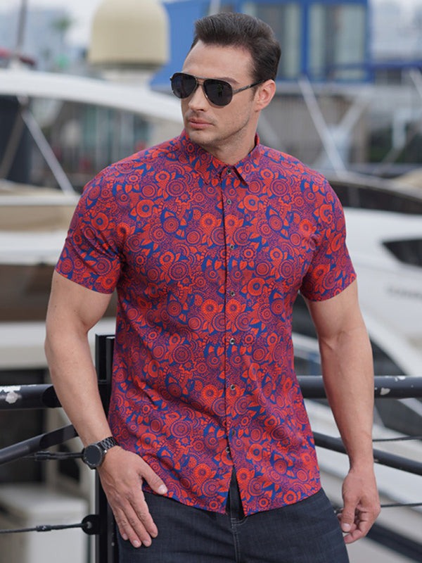 Large size men's stretch leaf flower short-sleeved shirt in vibrant red and blue pattern, suitable for casual spring-summer wear.