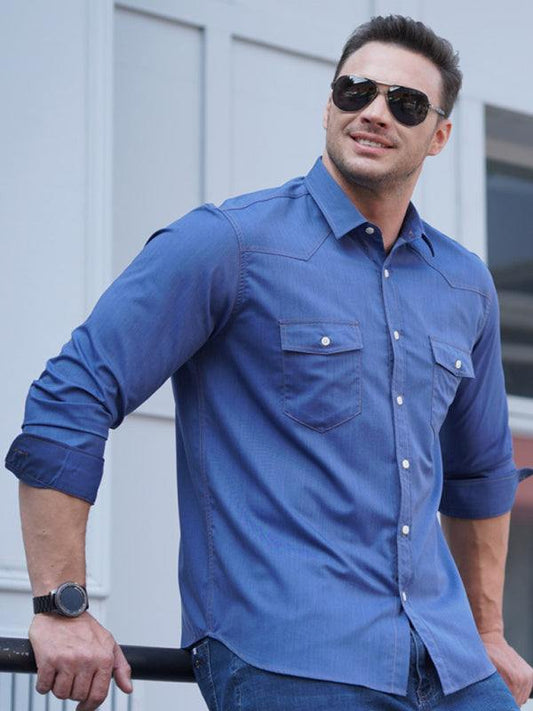 Plus size men's stretch denim long sleeve multi pocket shirt.