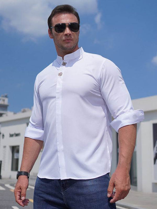 Large size men's elastic loose casual solid color embroidery long-sleeved shirt.