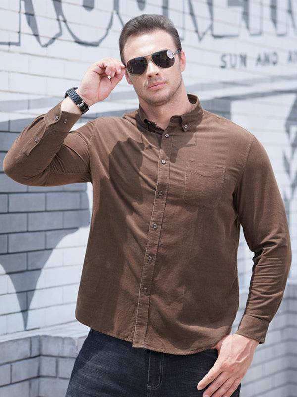 Stylish Plus Size Men's Cozy Corduroy Long Sleeve Shirt for Effortless Casual Looks