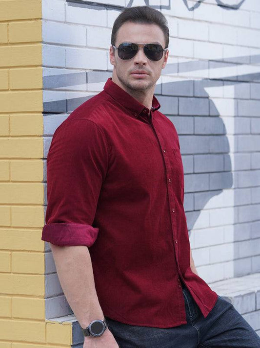 Plus size men's casual loose fashionable red corduroy long sleeve shirt.