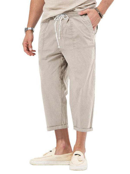 Men's solid color basic straight casual cropped pants in beige, spring-summer style, 100% polyester, moderate elasticity.