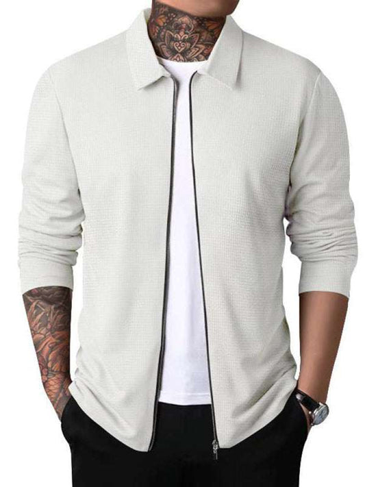 Men's white waffle zip lapel jacket cardigan, solid pattern, leisure style.