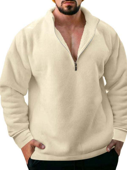 Cozy Men's Fleece Half-Zip Hoodie with Stand Collar - Casual Solid Color Comfort for Autumn-Winter